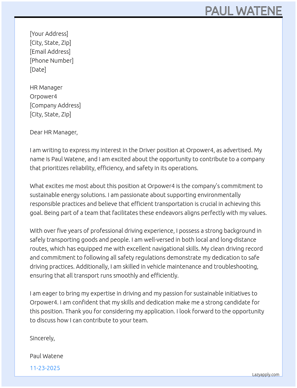 Driver At Orpower4 Cover Letter
