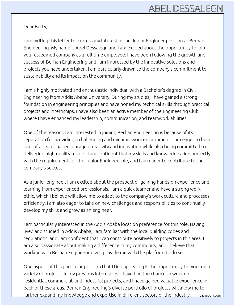Junior engineer At Berhan engineering  Cover Letter