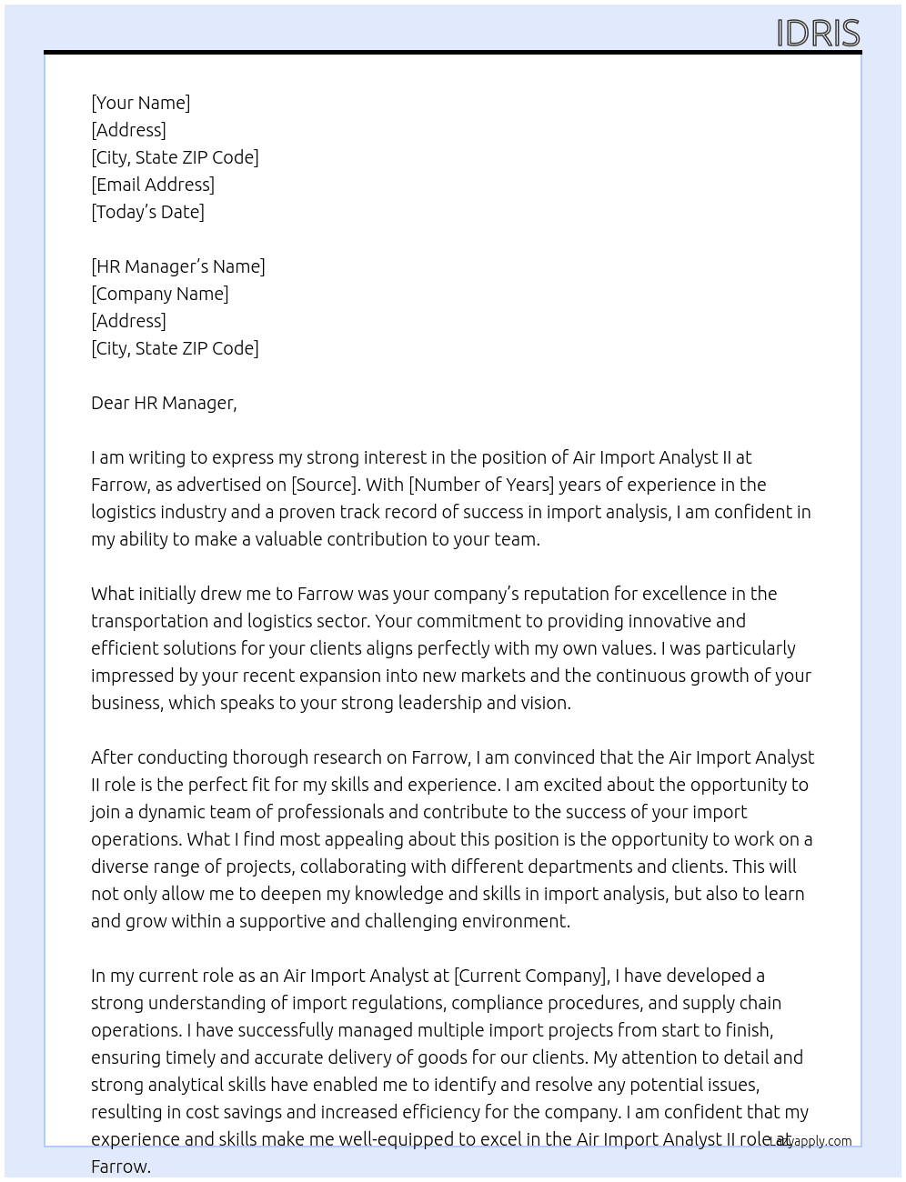 air import analyst II At farrow Cover Letter