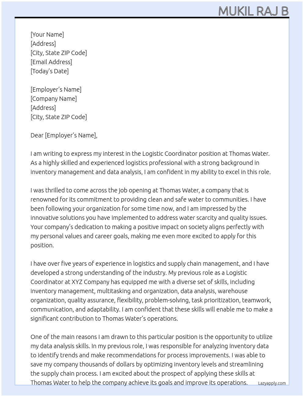 Logistic coordinator At Thomas water Cover Letter