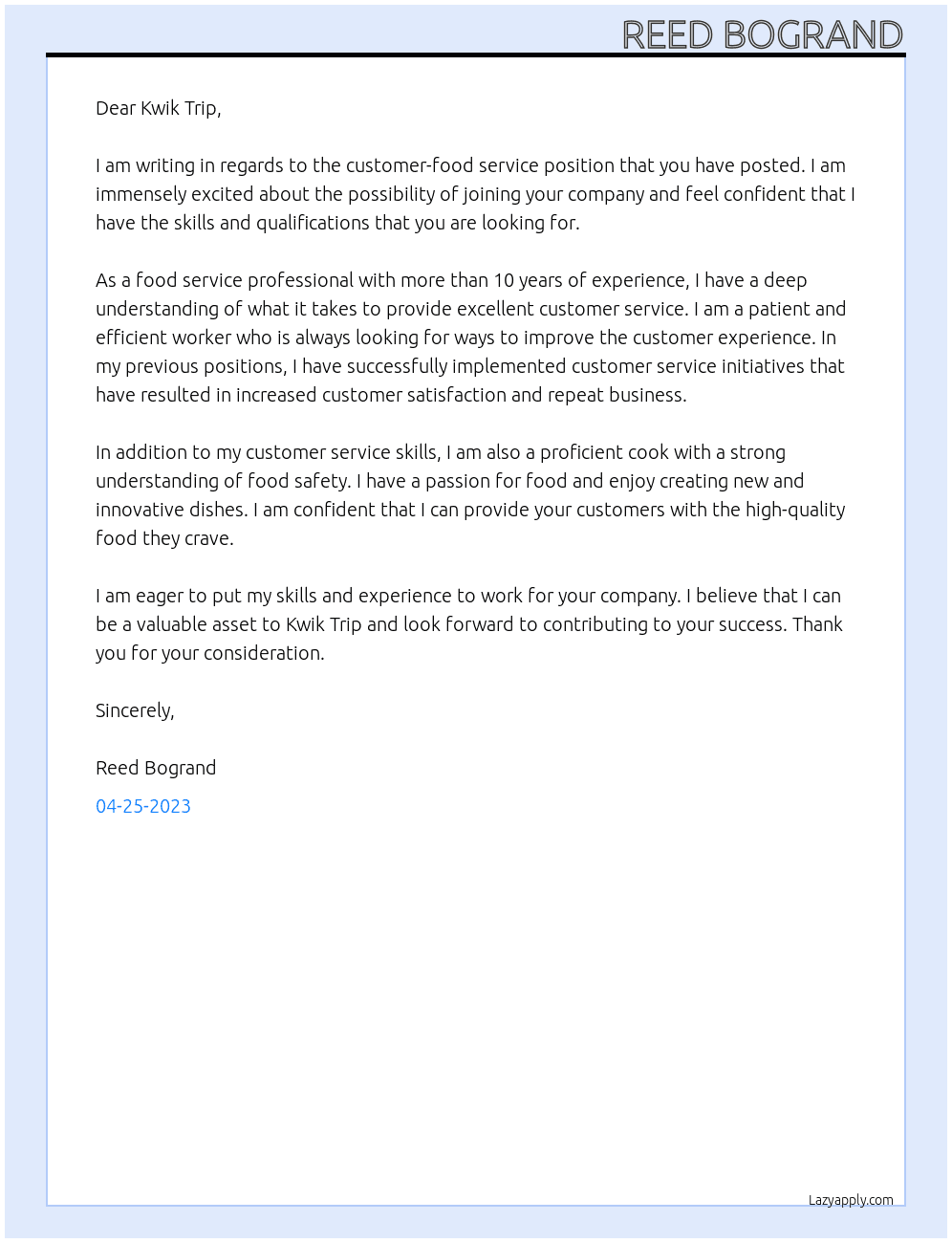 Customer-food service At Kwik Trip Cover Letter
