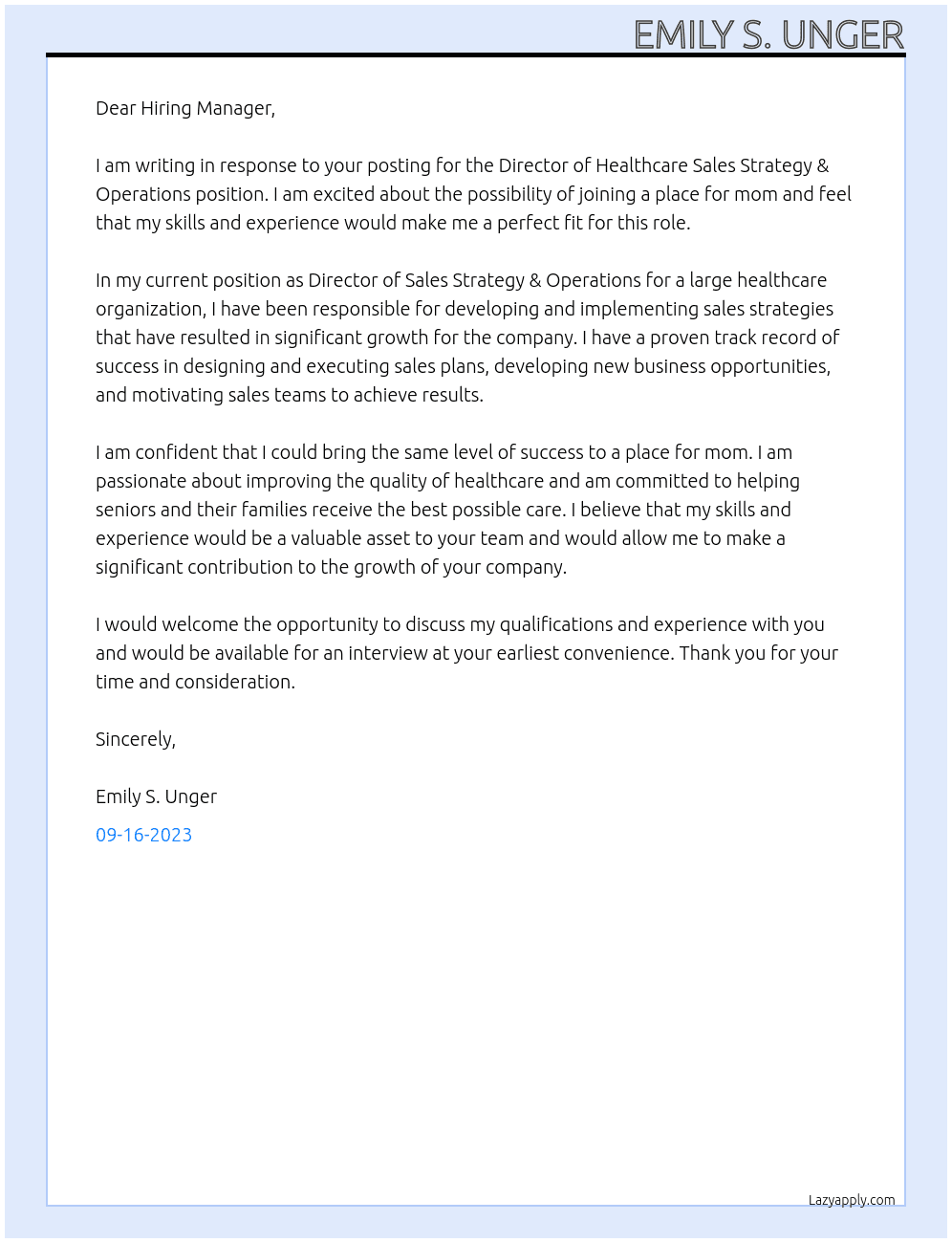 Director of Healthcare Sales Strategy & Operations At a place for mom Cover Letter