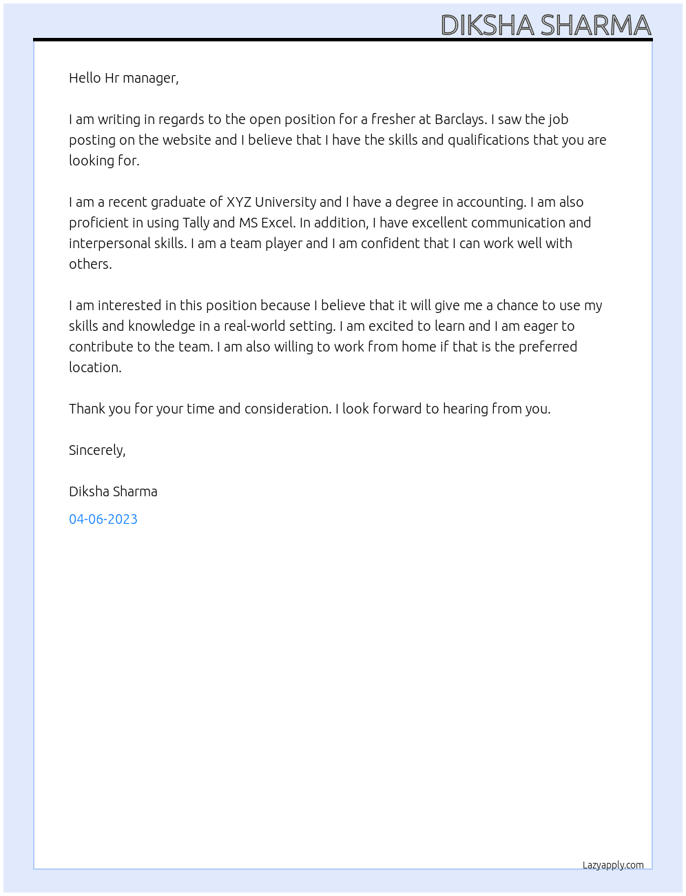 Fresher At Barclays  Cover Letter