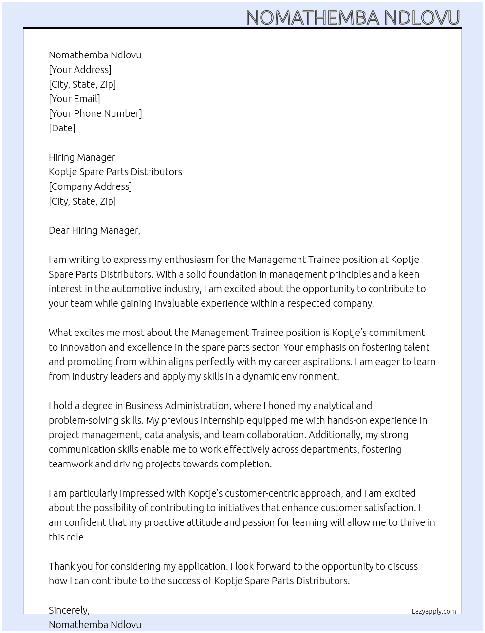 Management Trainee  At Koptje Spare Parts Distributors  Cover Letter