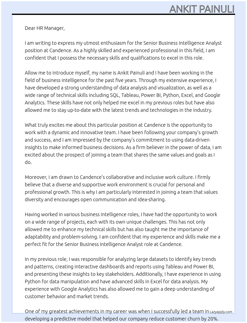 Senior Business Intelligence Analyst At Candence Cover Letter