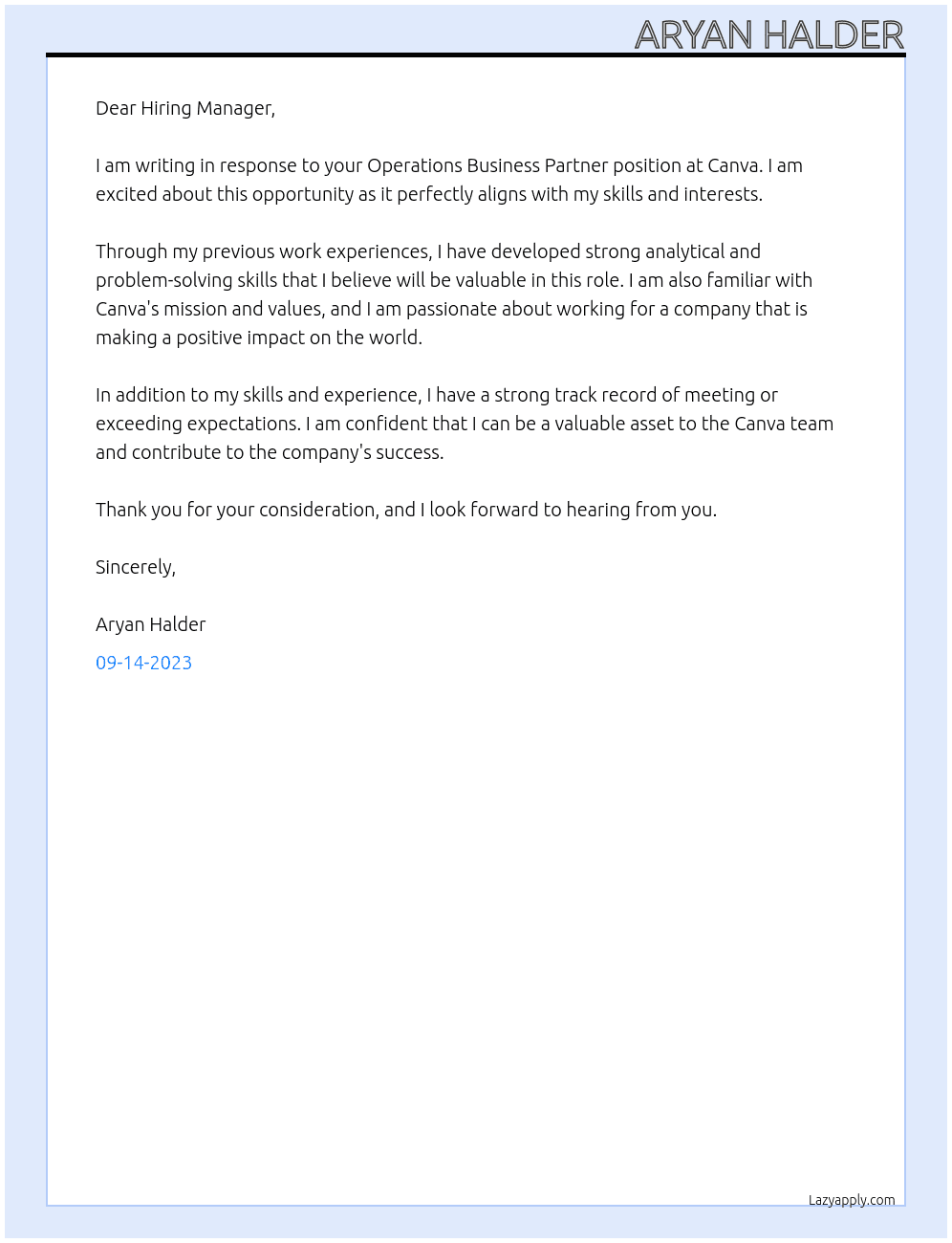 Operations Business Partner At Canva Cover Letter