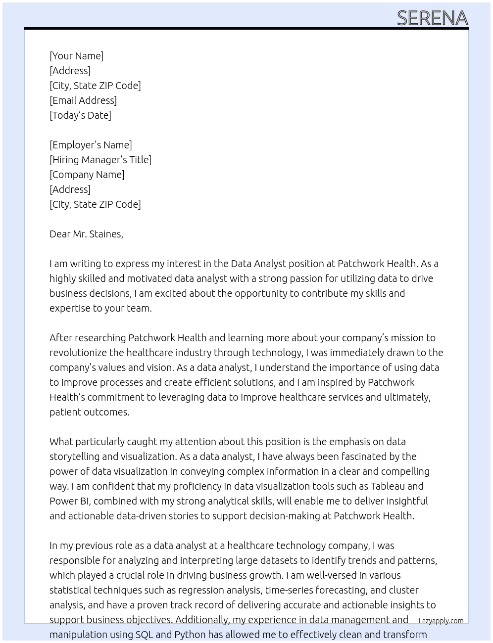 Data analyst At Patchwork Health Cover Letter