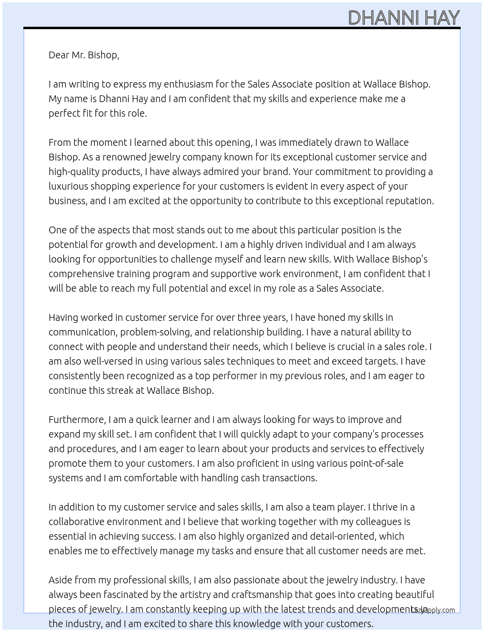 Sales Associate At Wallace Bishop Cover Letter