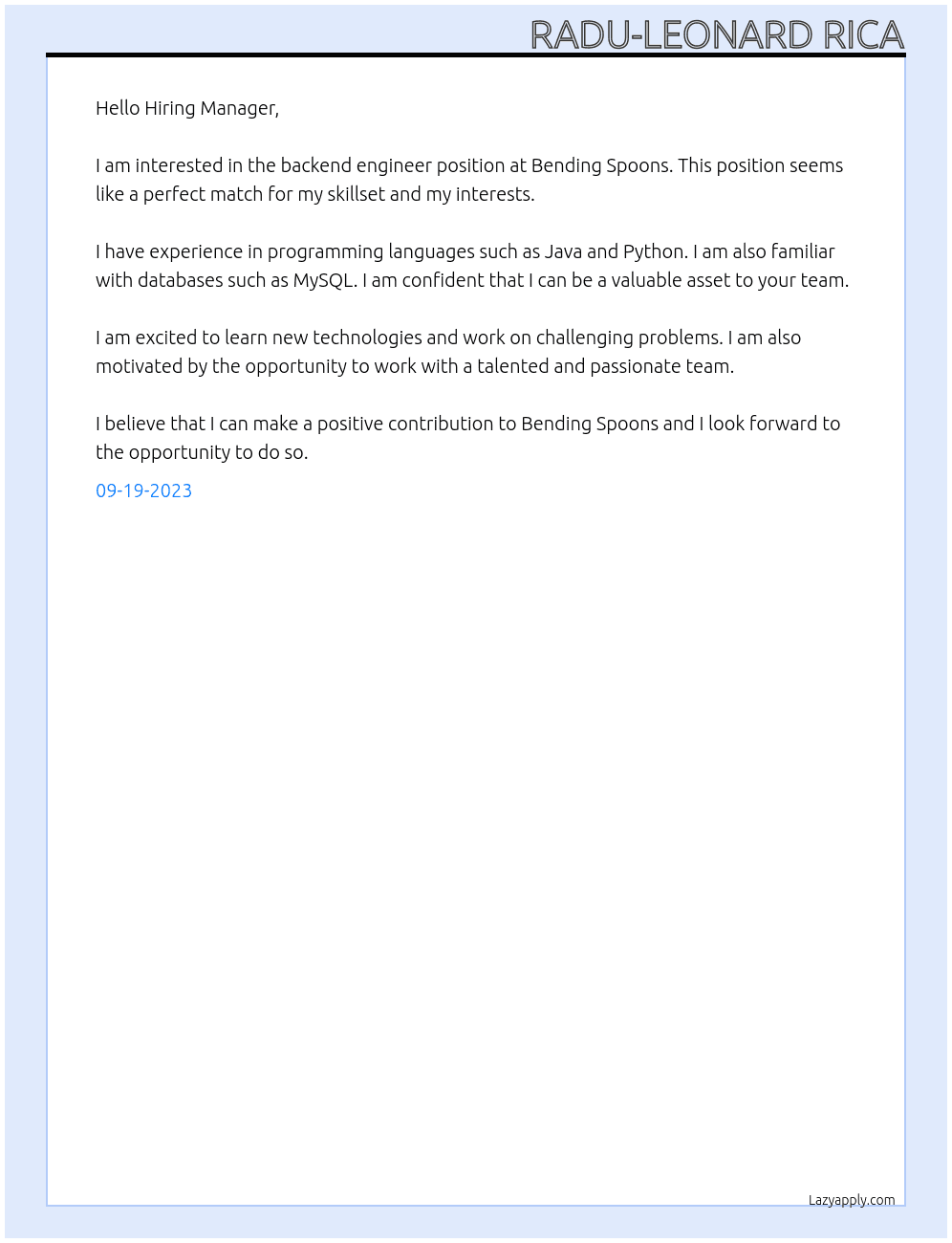 Backend engineer At Bending Spoons Cover Letter