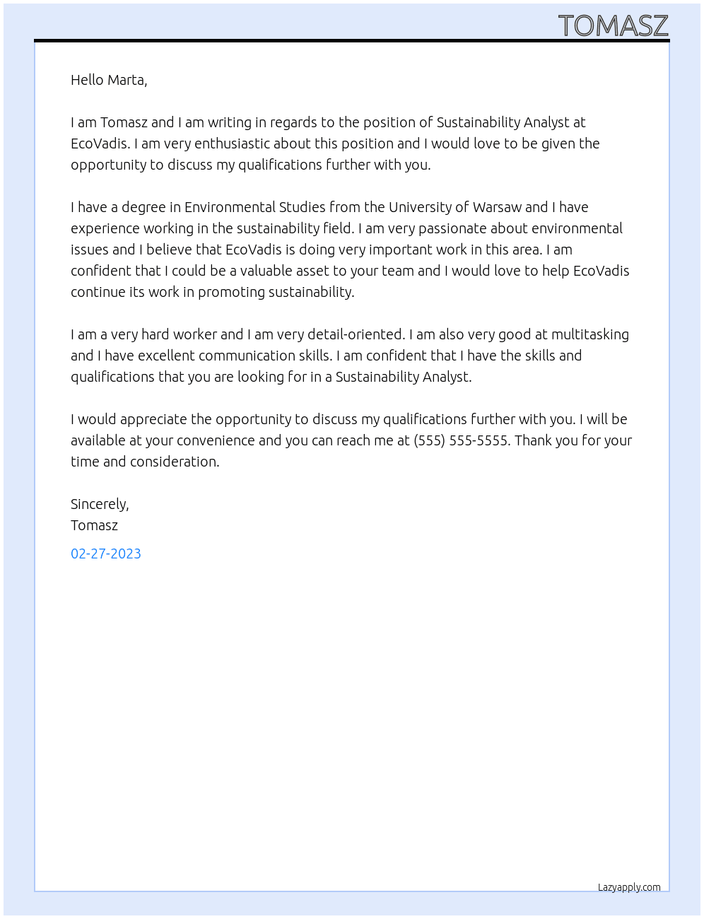 Sustainability Analyst At EcoVadis Cover Letter