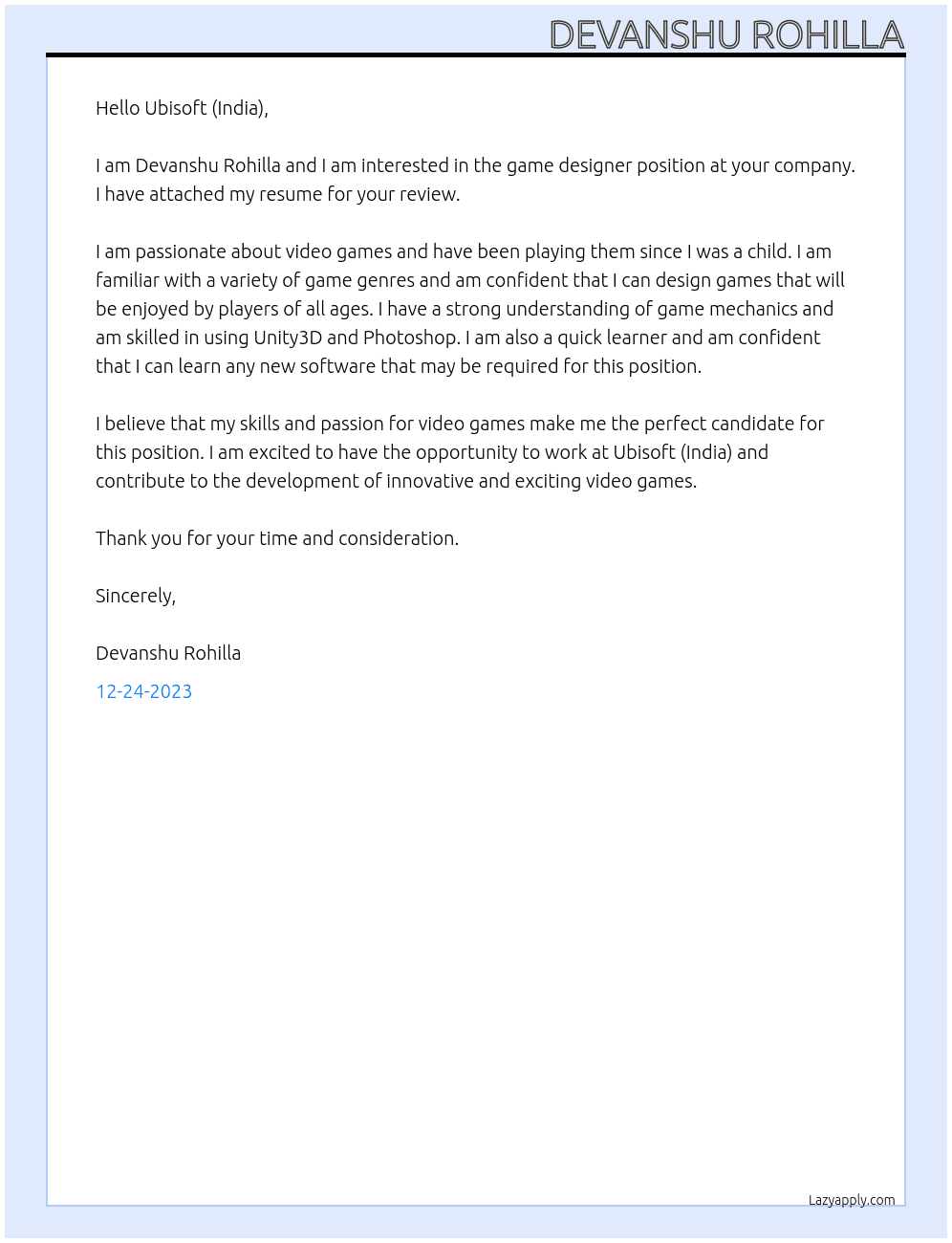game designer At Ubisoft (India) Cover Letter