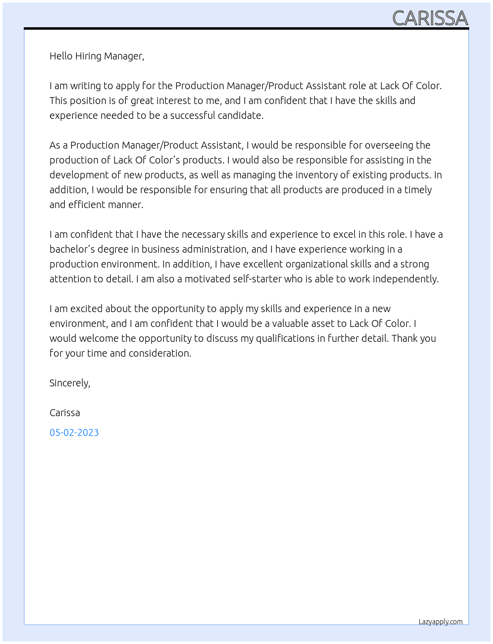 Production Manager/Product Assistant At Lack Of Color Cover Letter