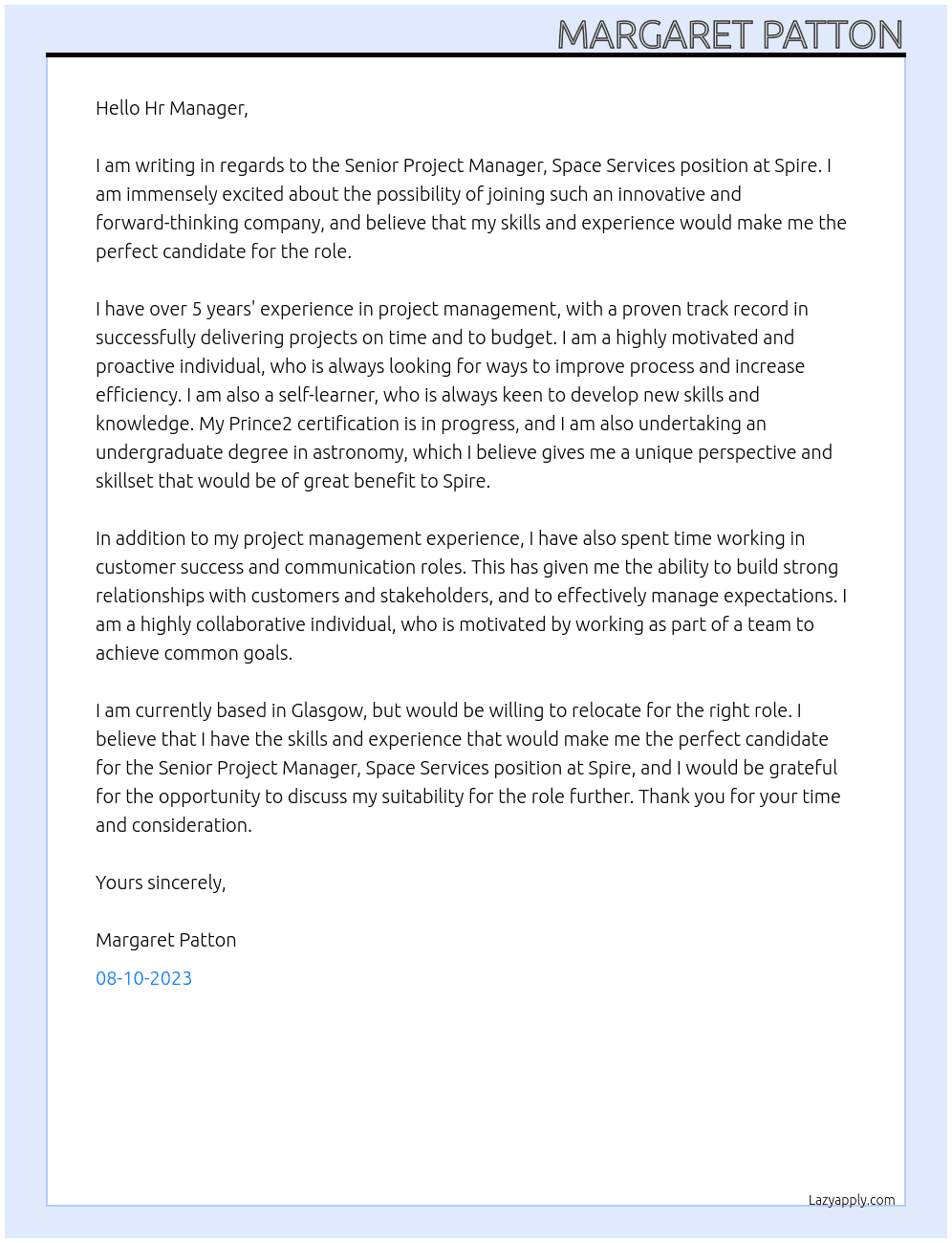 Senior Project Manager, Space Services At Spire Cover Letter