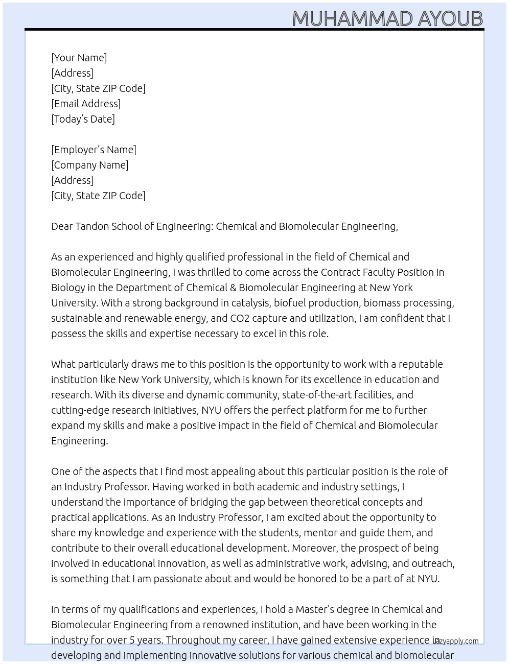 Contract Faculty Position in Biology in the Department of Chemical & Biomolecular Engineering At New York University Brooklyn, NY Cover Letter