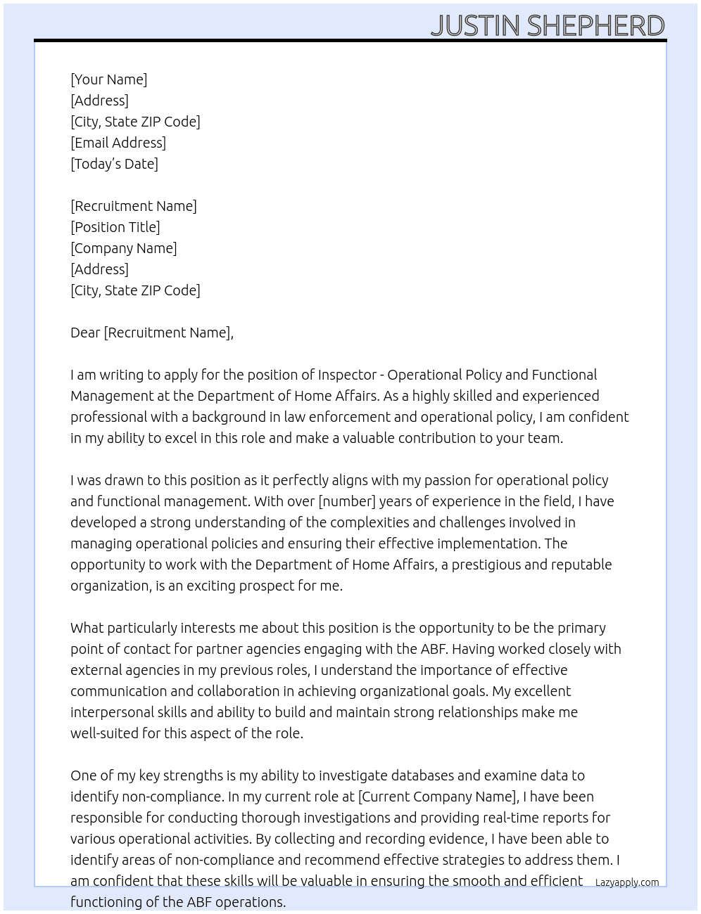 Inspector - Operational Policy and Functional Management At Department of home affairs Cover Letter