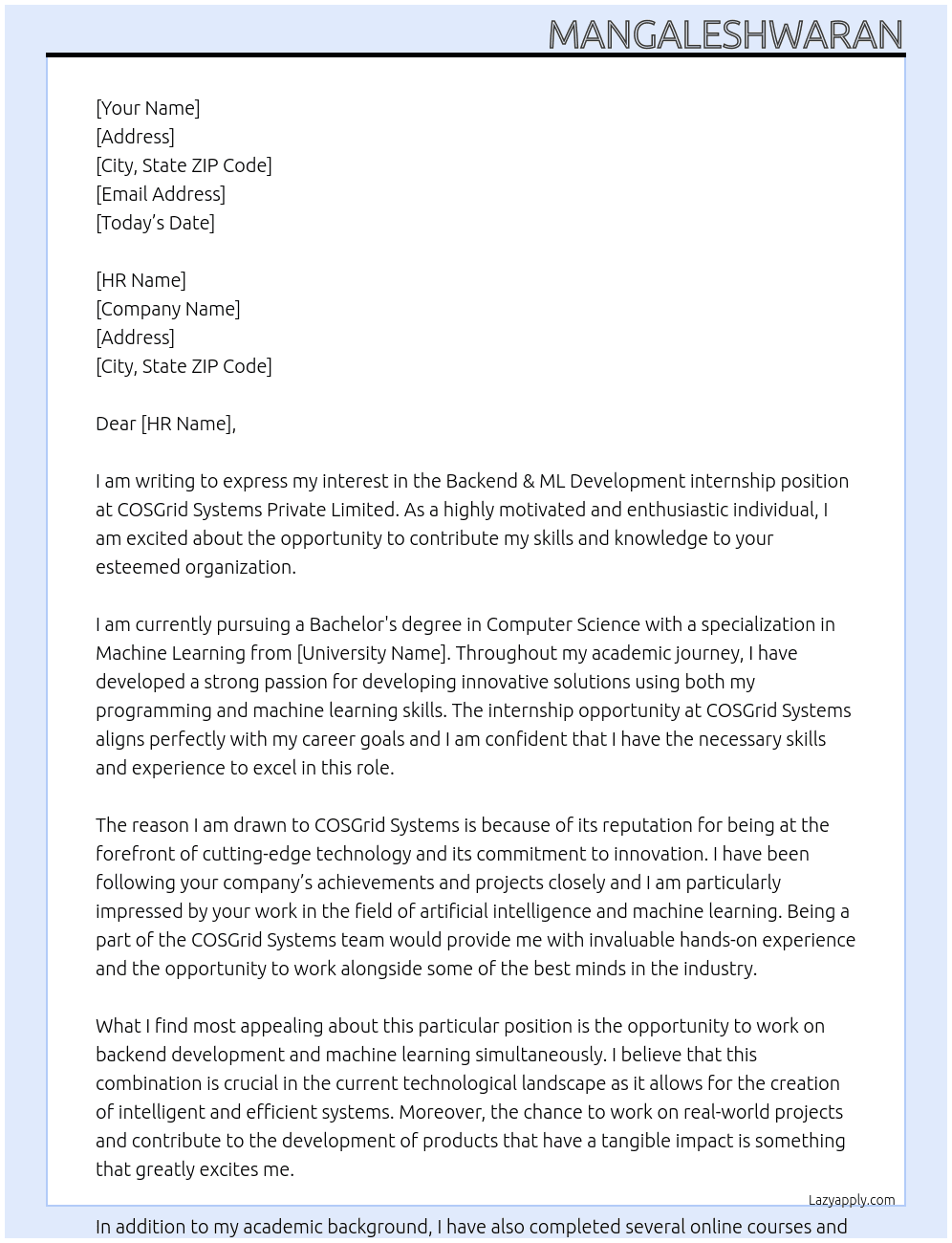 Backend & ML Development internship At COSGrid Systems Private Limited Cover Letter