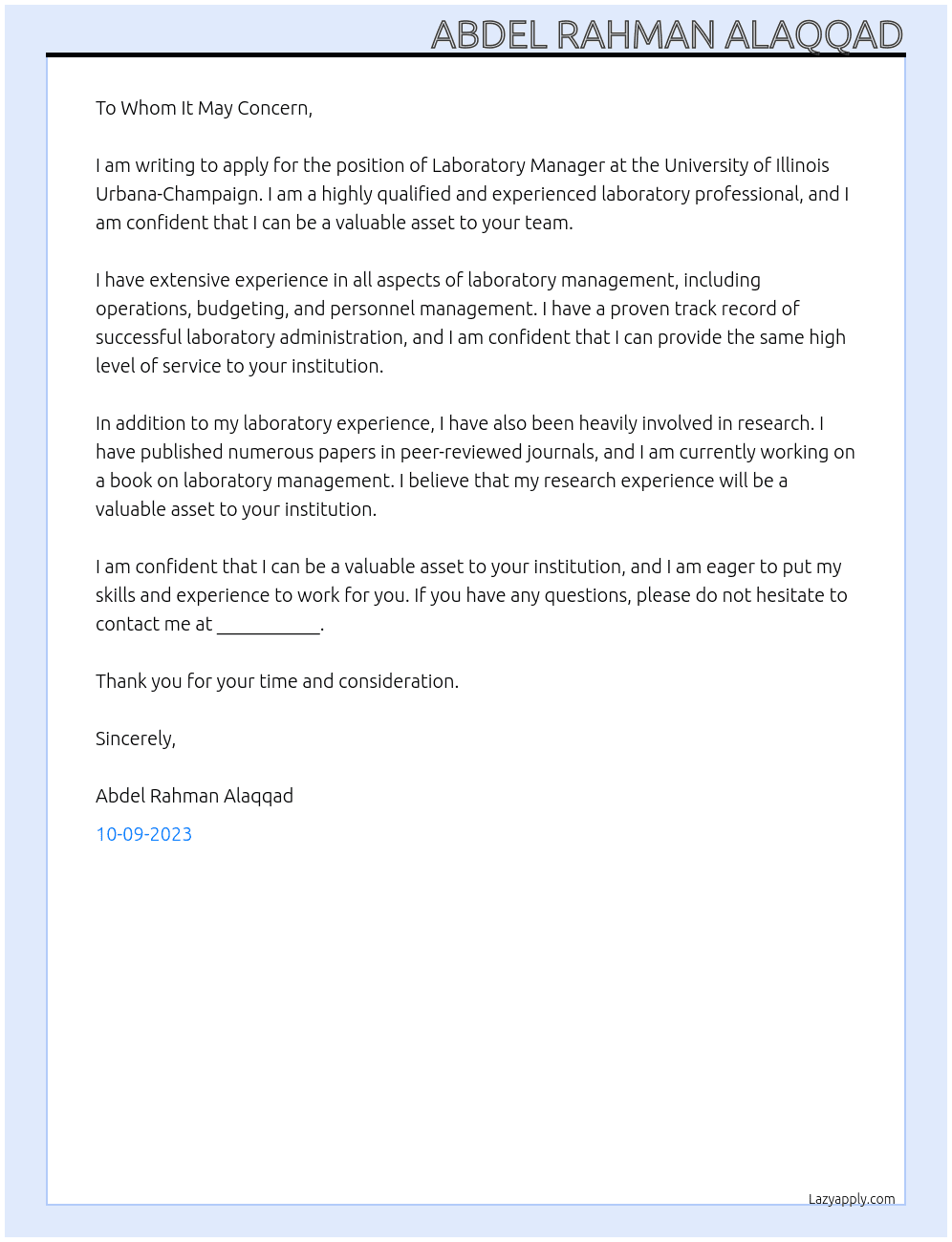 Laboratory manager At University of Illinois Urbana-Champaign  Cover Letter