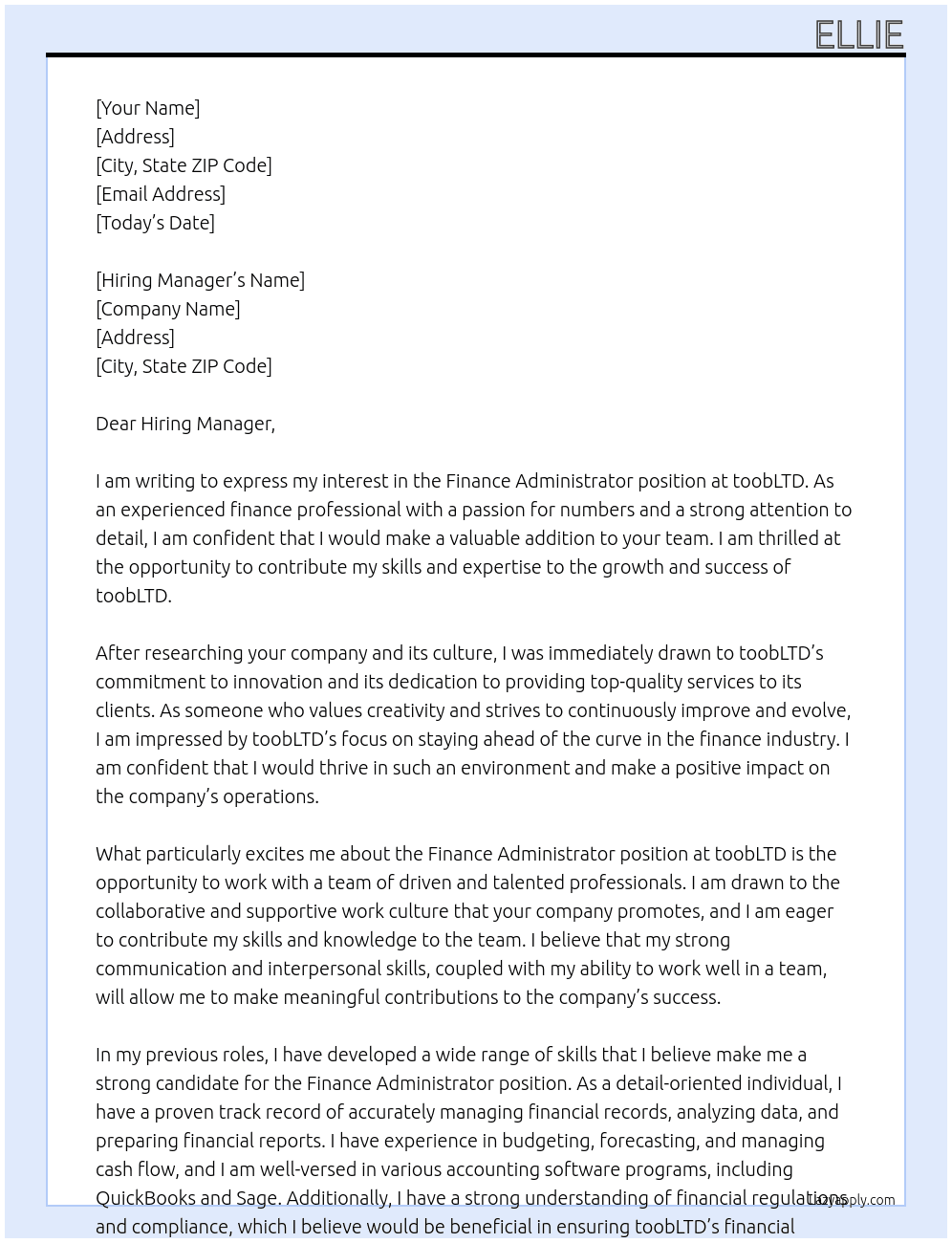 Finance Adminstrator At toobLTD Cover Letter