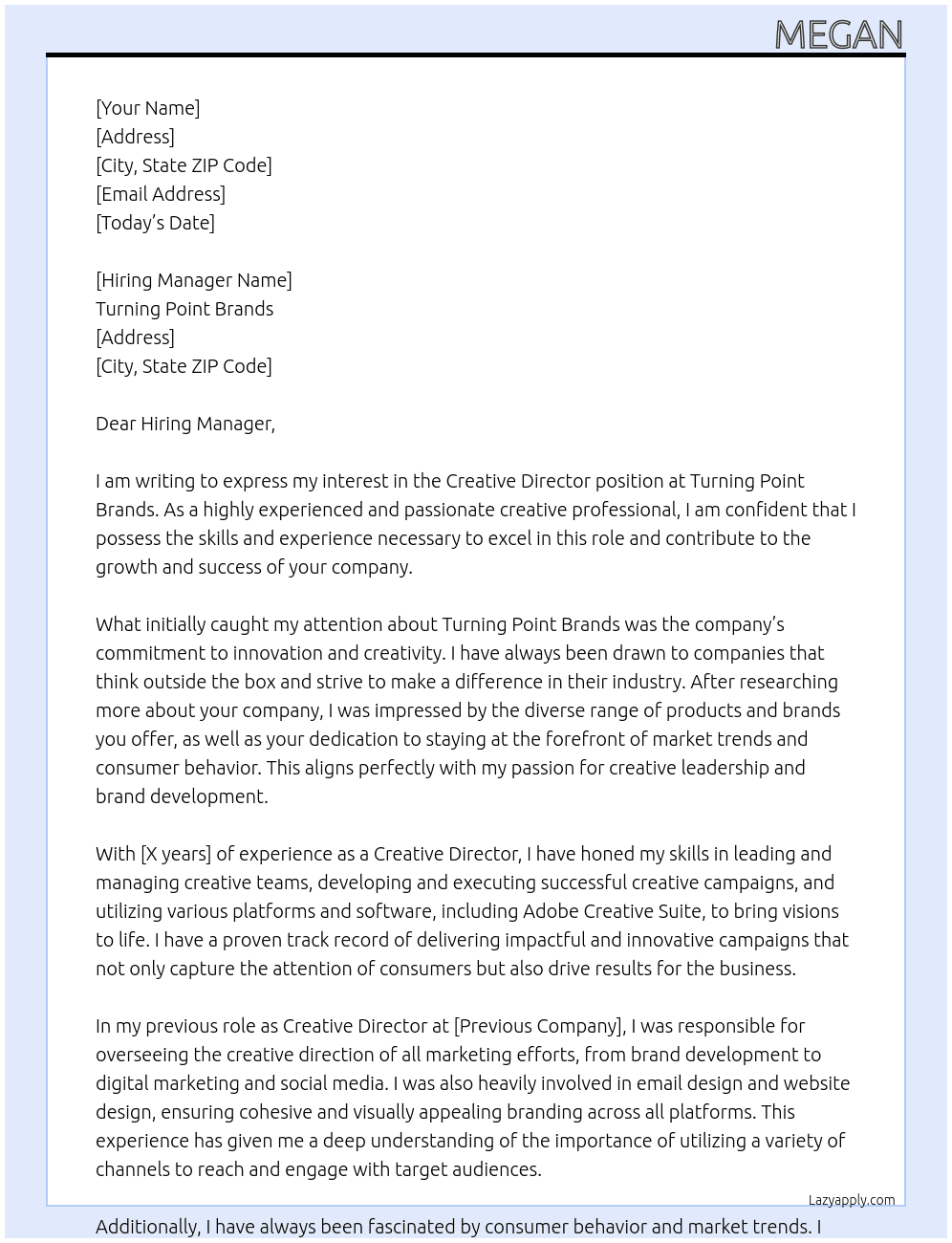 Creative Director At Turning Point Brands, Cover Letter