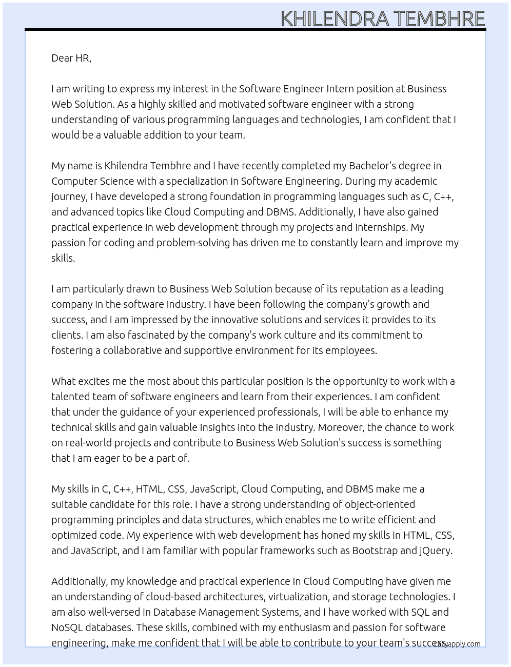 Software Engineer At Business Web Solution Cover Letter