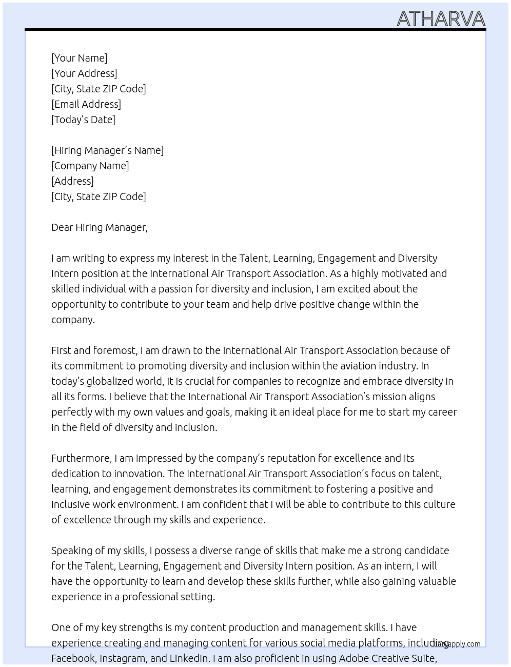 Talent, Learning, Engagement and Diversity Intern At International Air Transport Association Cover Letter