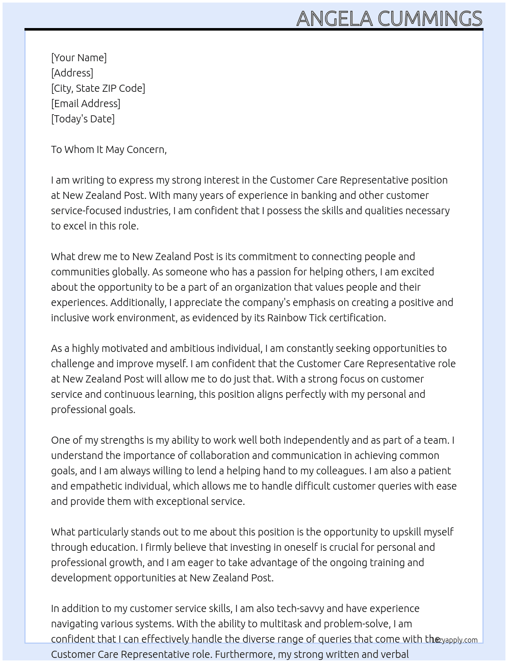 Customer Care Representative At New Zealand Post Cover Letter