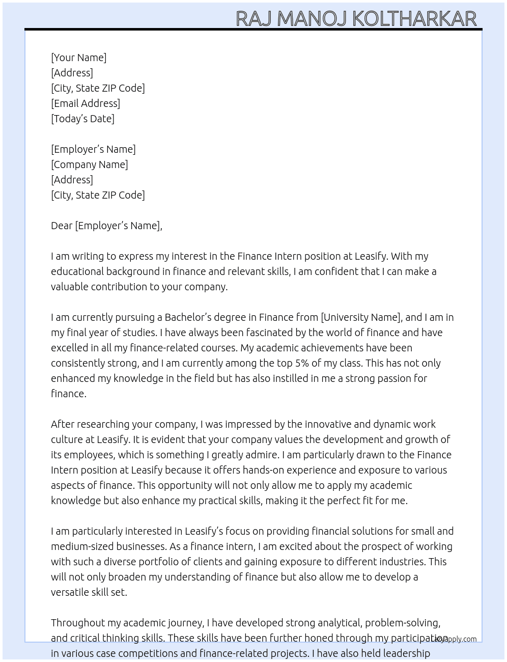 Finance intern  At Leasify  Cover Letter