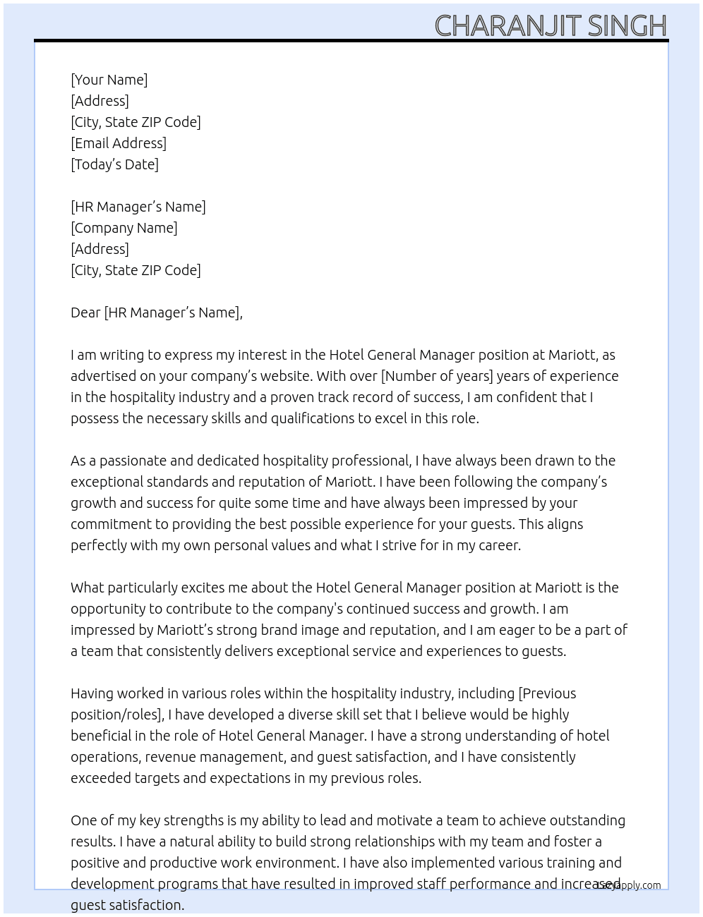 Hotel General Manager At Mariott Cover Letter