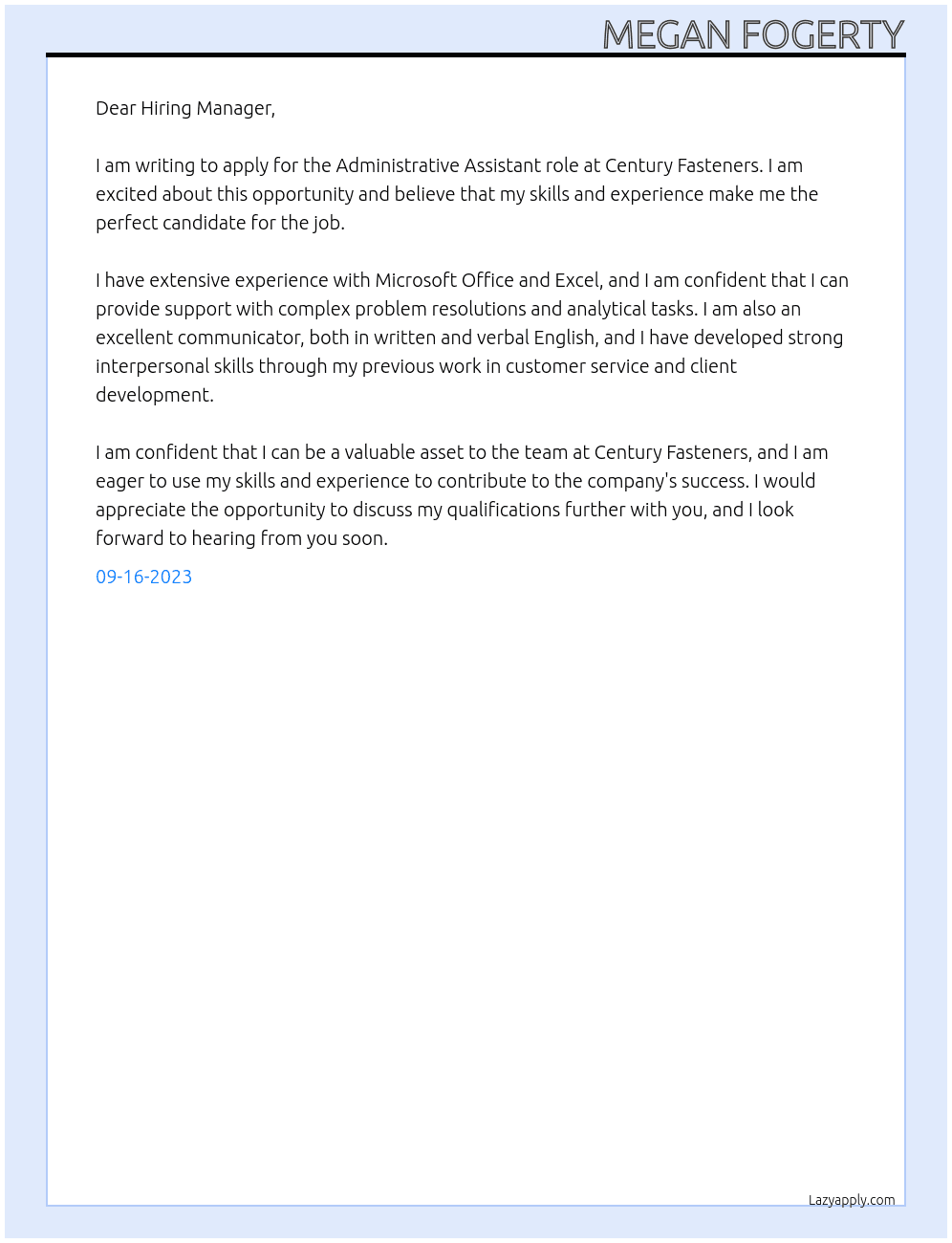 Administrative Assistant  At Century Fasteners  Cover Letter