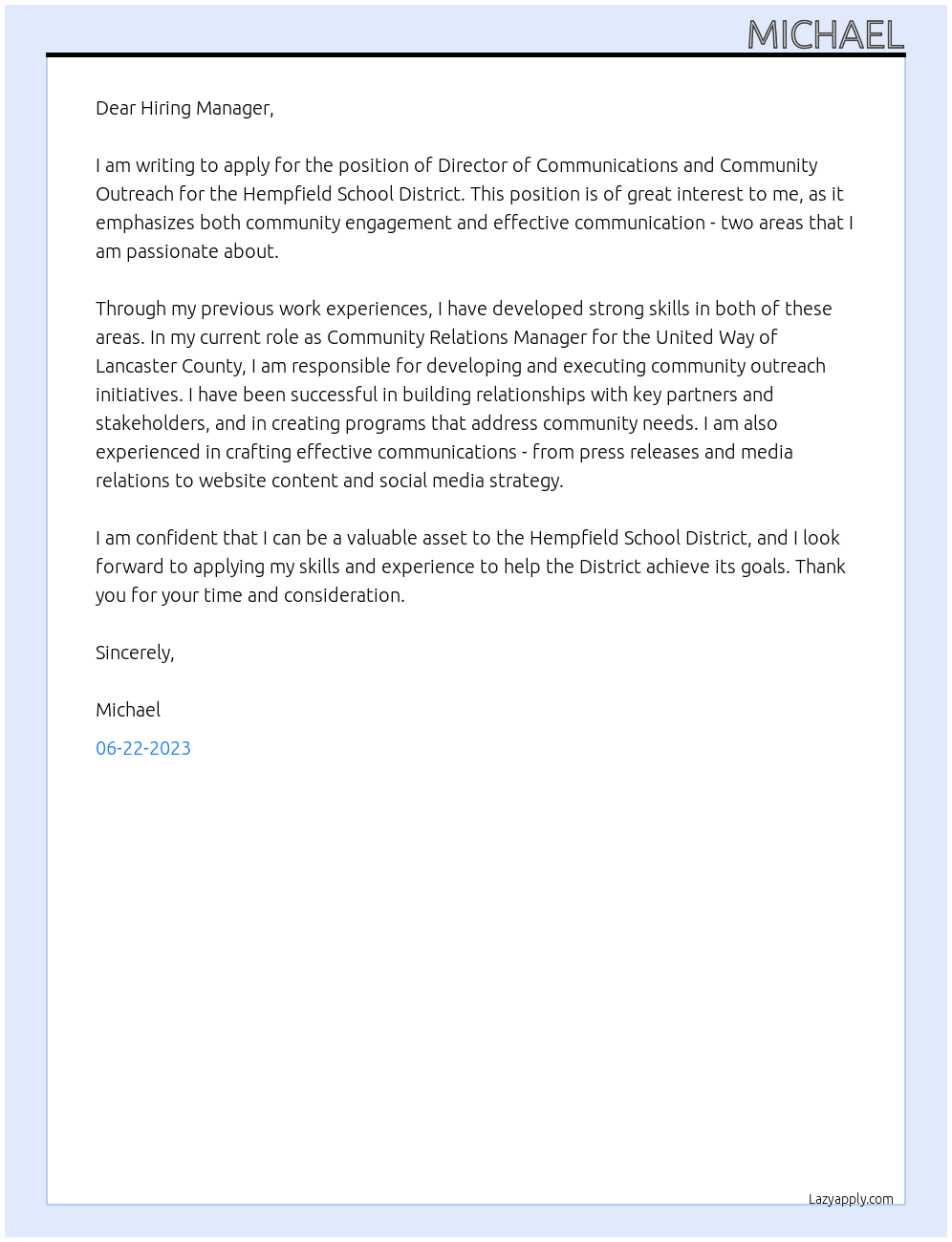 Director of Communications and Community Outreach At Hempfield School District Cover Letter