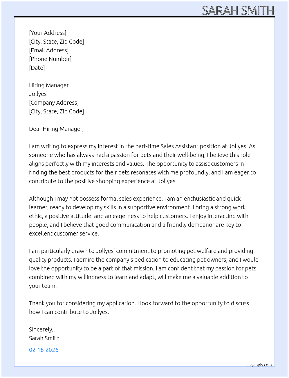 Sales Assistant At Jollyes Cover Letter