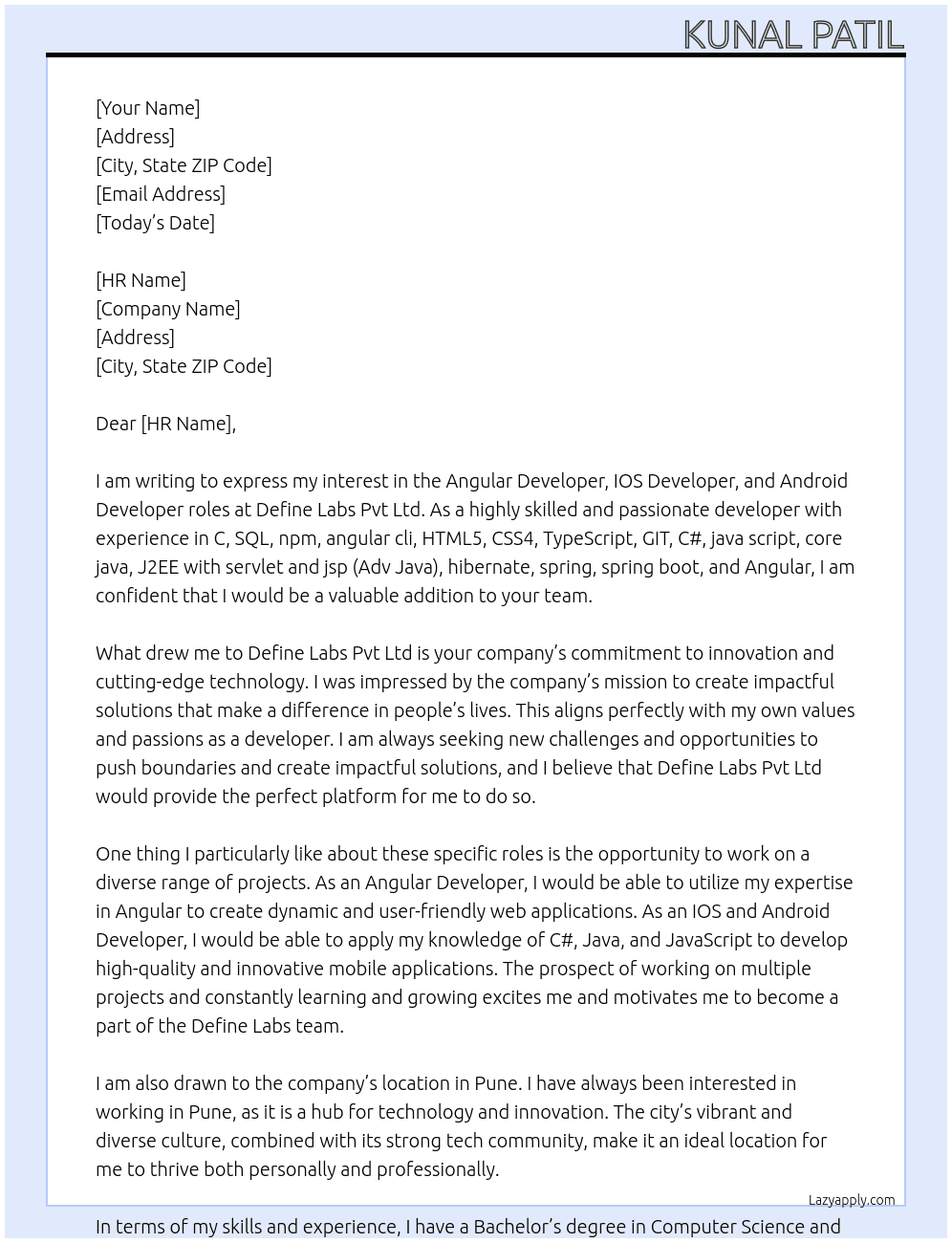 Angular Developer, IOS Developer and Android Developer At Define Labs Pvt Ltd Cover Letter