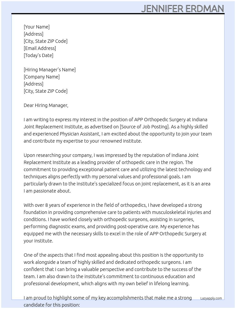 APP orthopedic surgery At Indiana Joint Replacement Institute Cover Letter