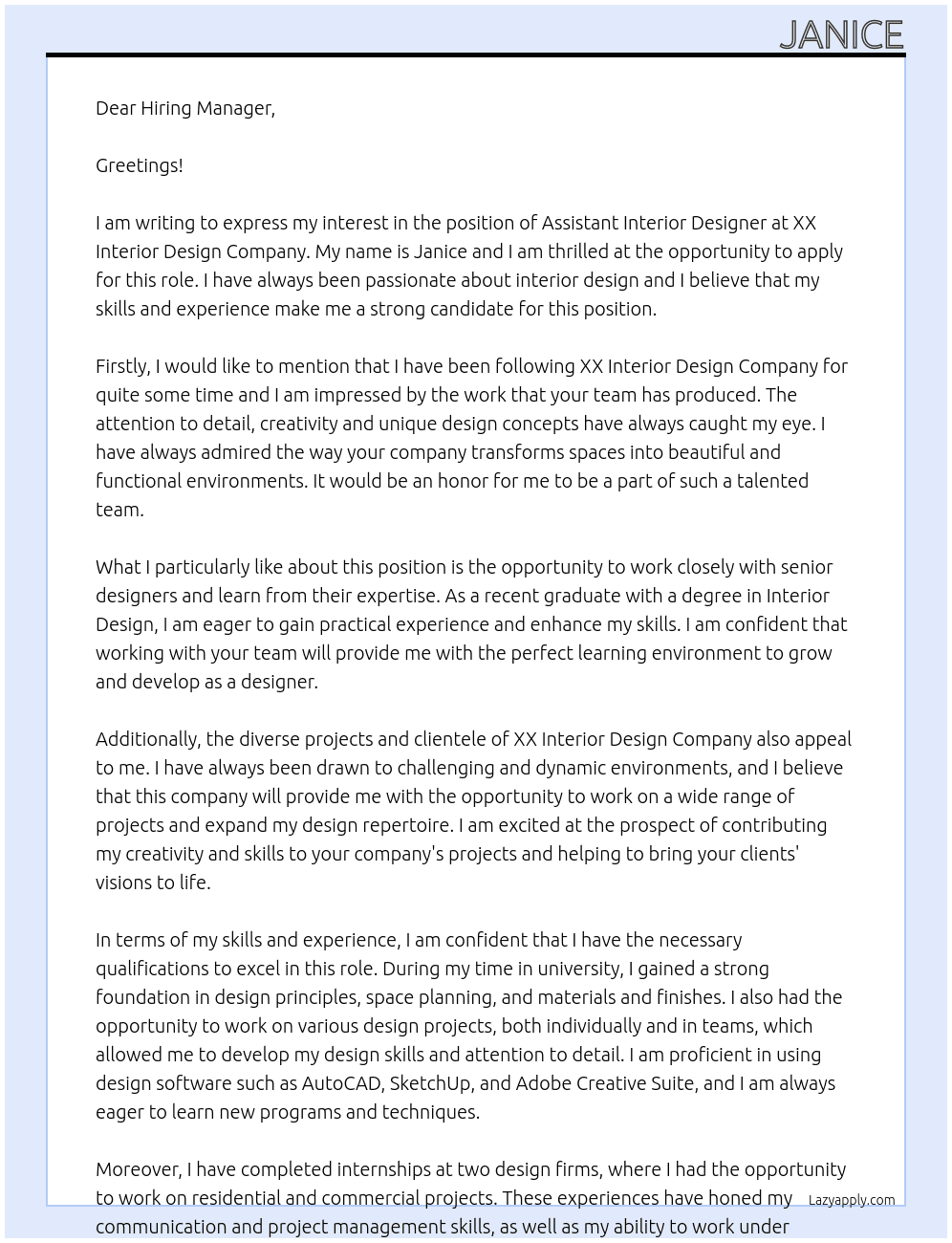 Assistant Interior Designer At XX Interior Design Company Cover Letter