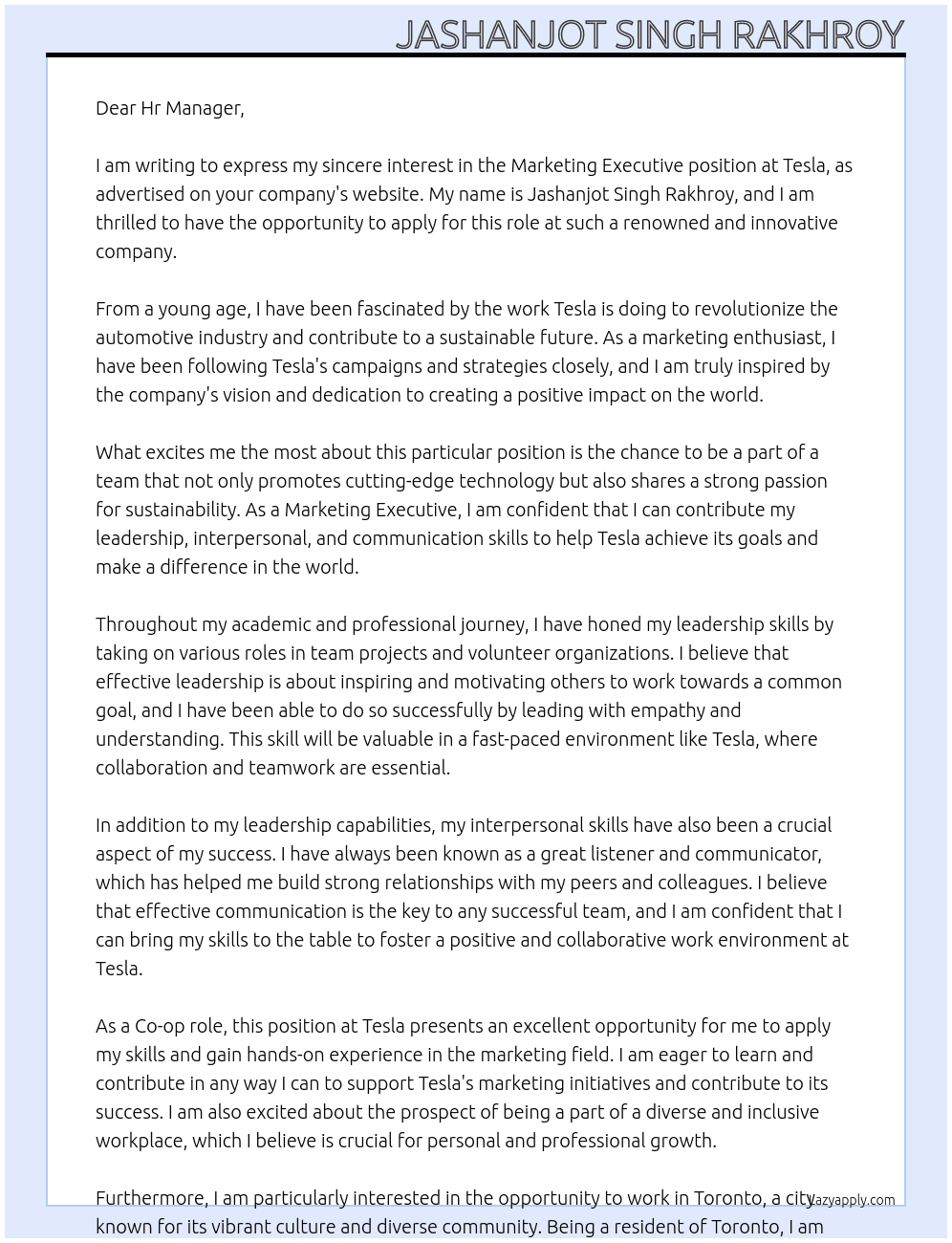 Marketing executive  At Tesla Cover Letter