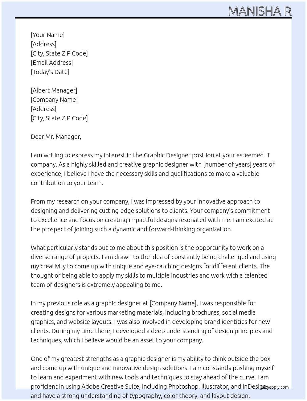 Graphic designer  At IT company  Cover Letter