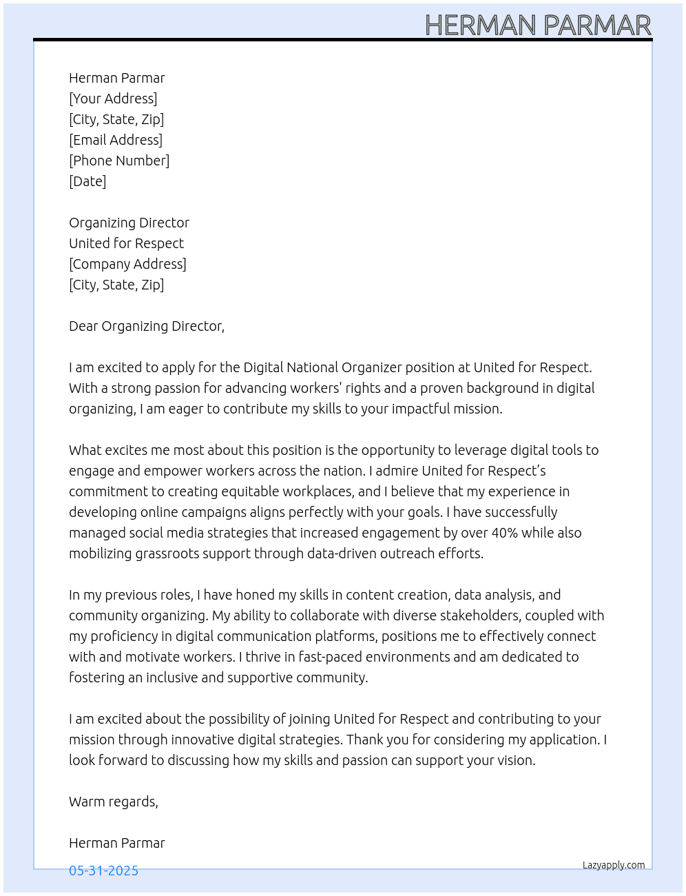 Digital National Organizer At United for Respect Cover Letter
