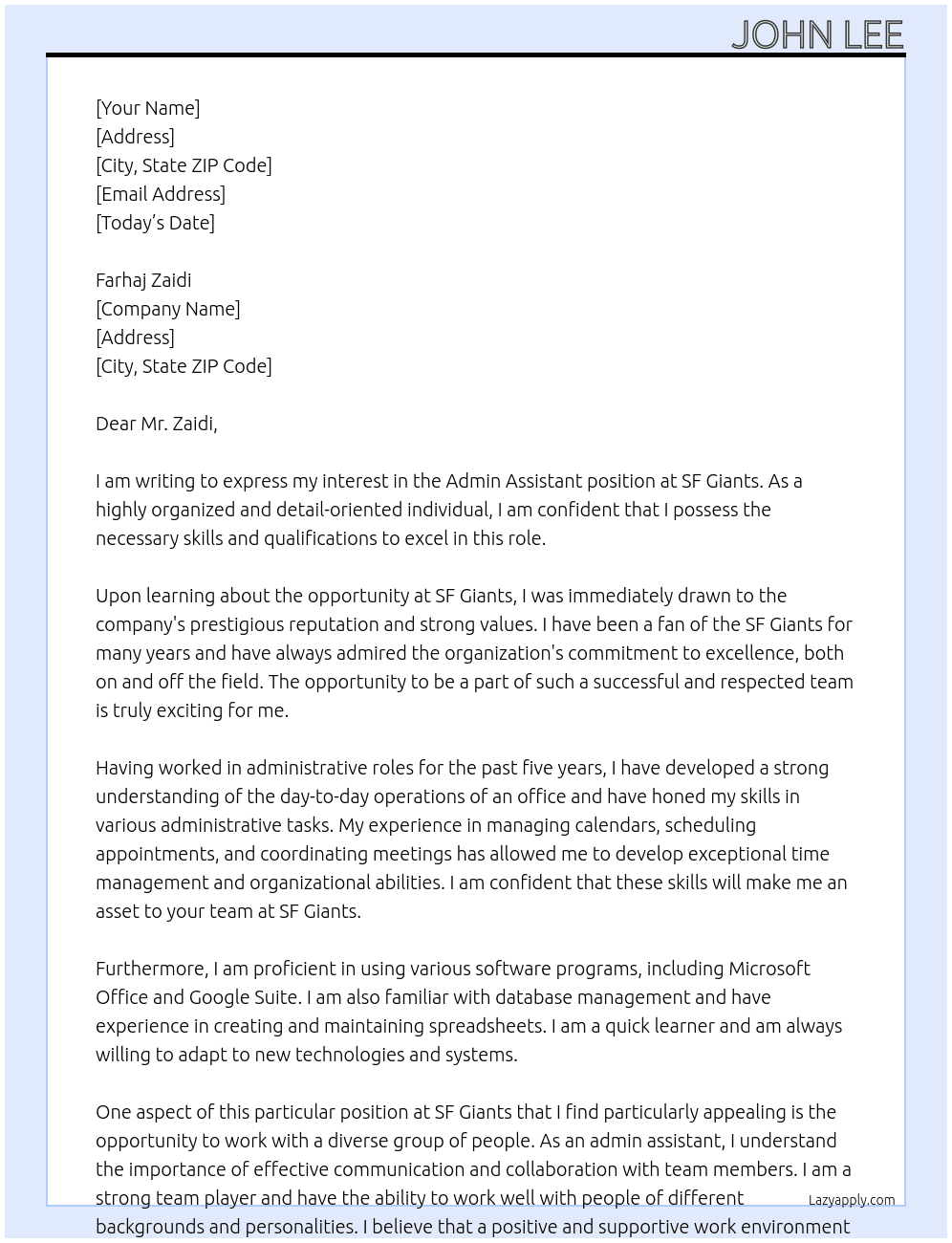 admin assistant  At sf giants Cover Letter
