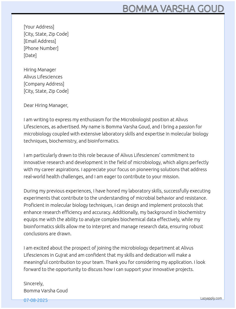 Microbiologist  At Apply for Microbiologist Job at Alivus Lifesciences Cover Letter