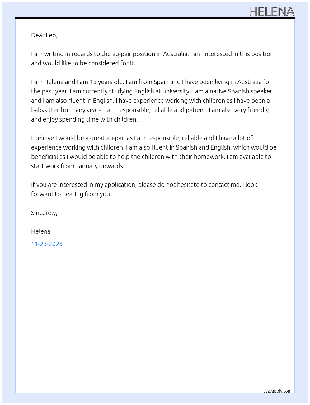 au-pair At an ai-pair in australia Cover Letter