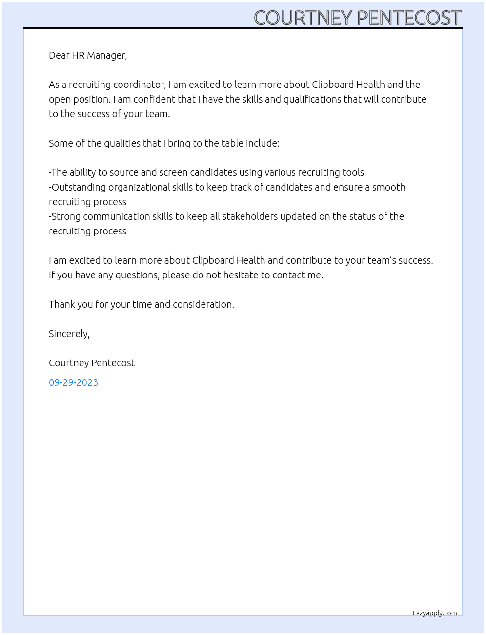 Recruiting Coordinator At Clipboard Health Cover Letter