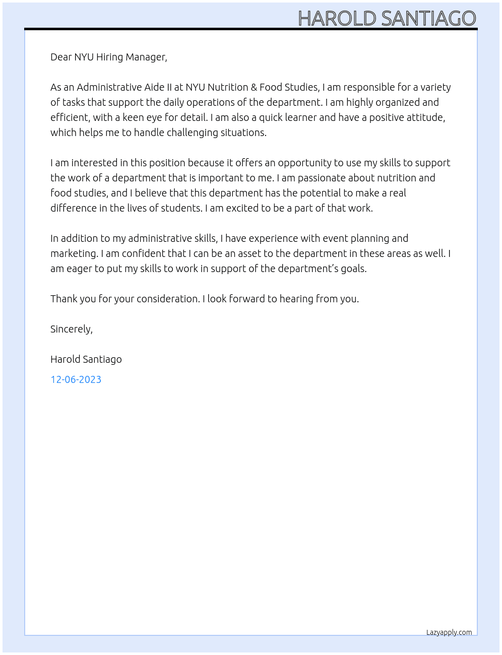 Administrative Aide II At NYU Nutrition & Food Studies, Administration Cover Letter