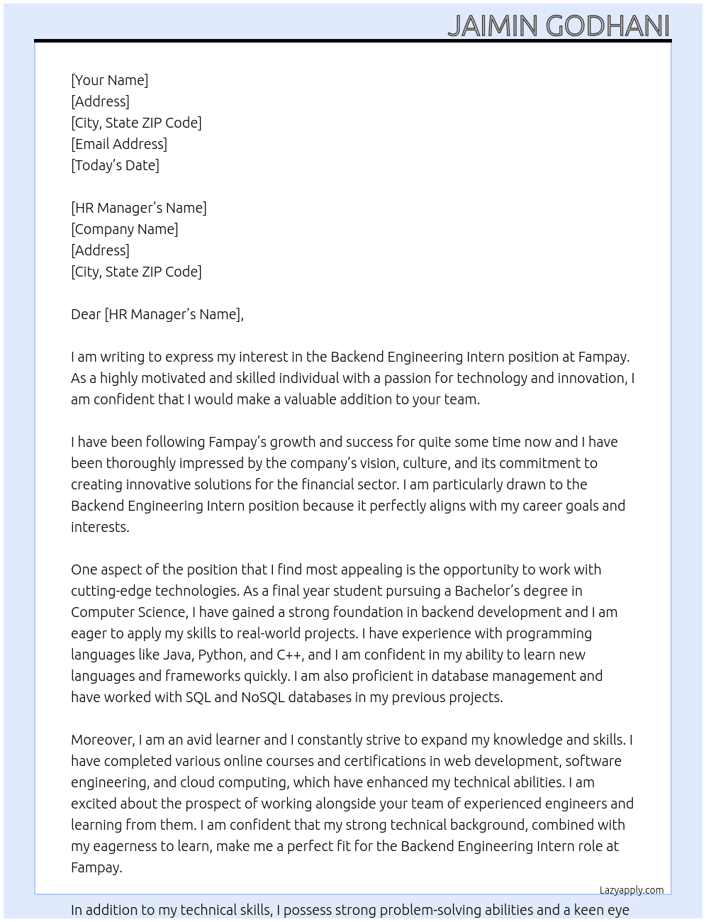 Backend Engineering Intern At Fampay Cover Letter