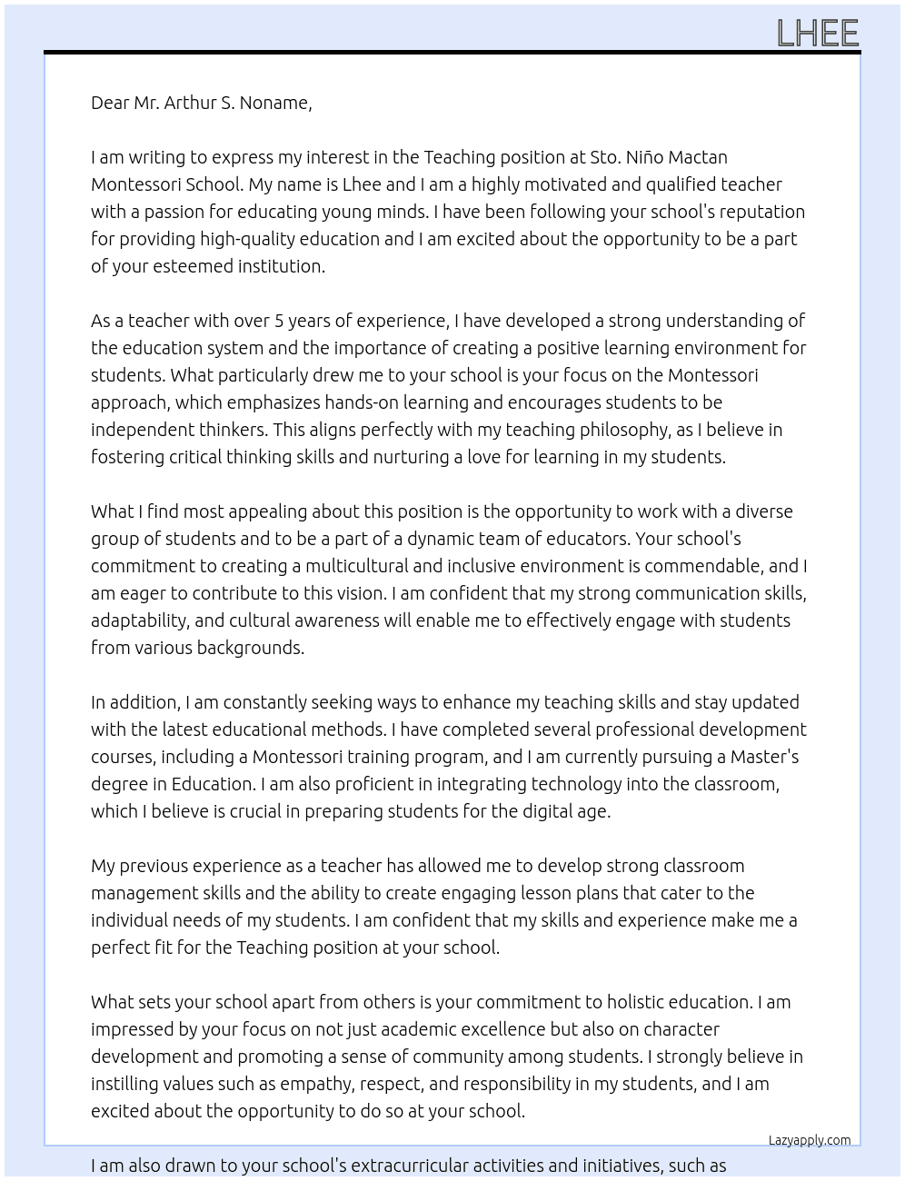 Teacher At Sto. Niño Mactan Montessori School  Cover Letter