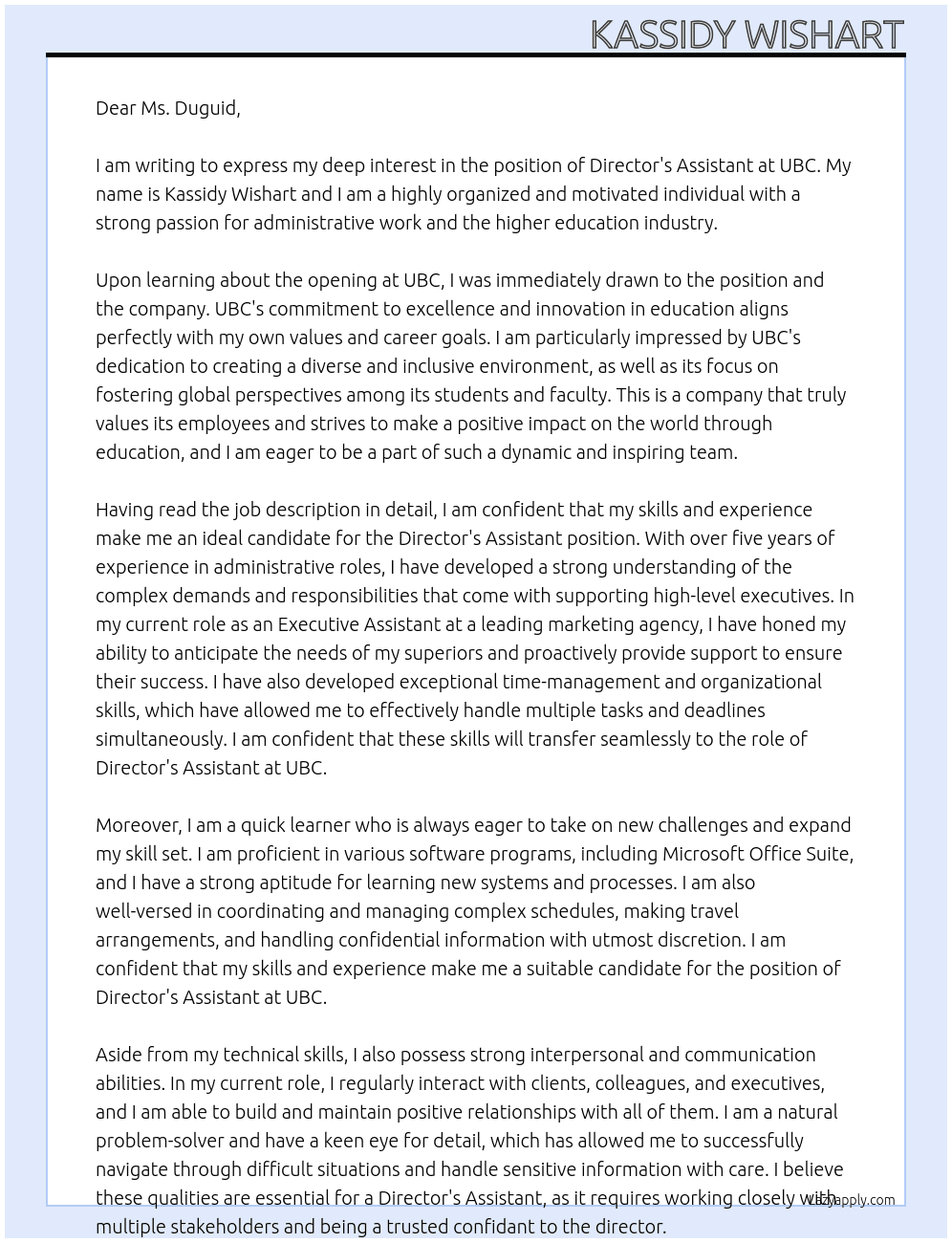 Directors Assistant At UBC Cover Letter