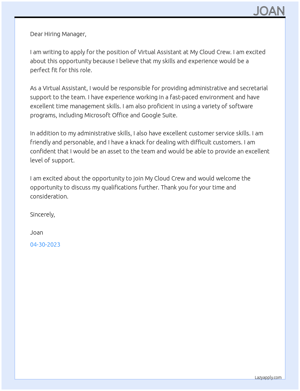 Virtual Assistant At My Cloud Crew Cover Letter