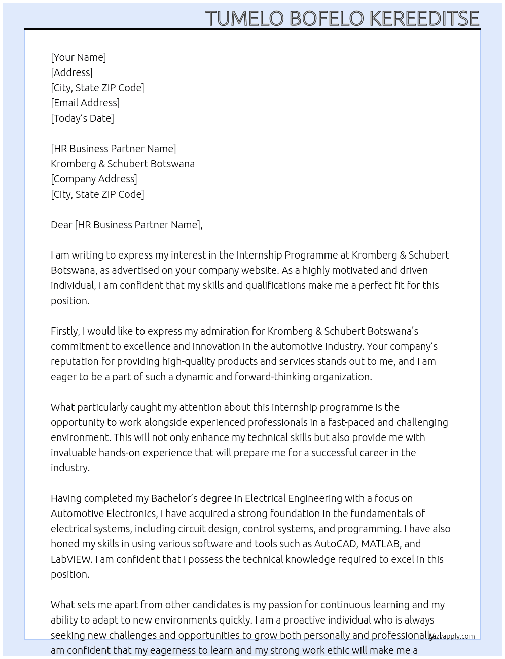 Internship programme At Kromberg & Schubert Botswana Cover Letter