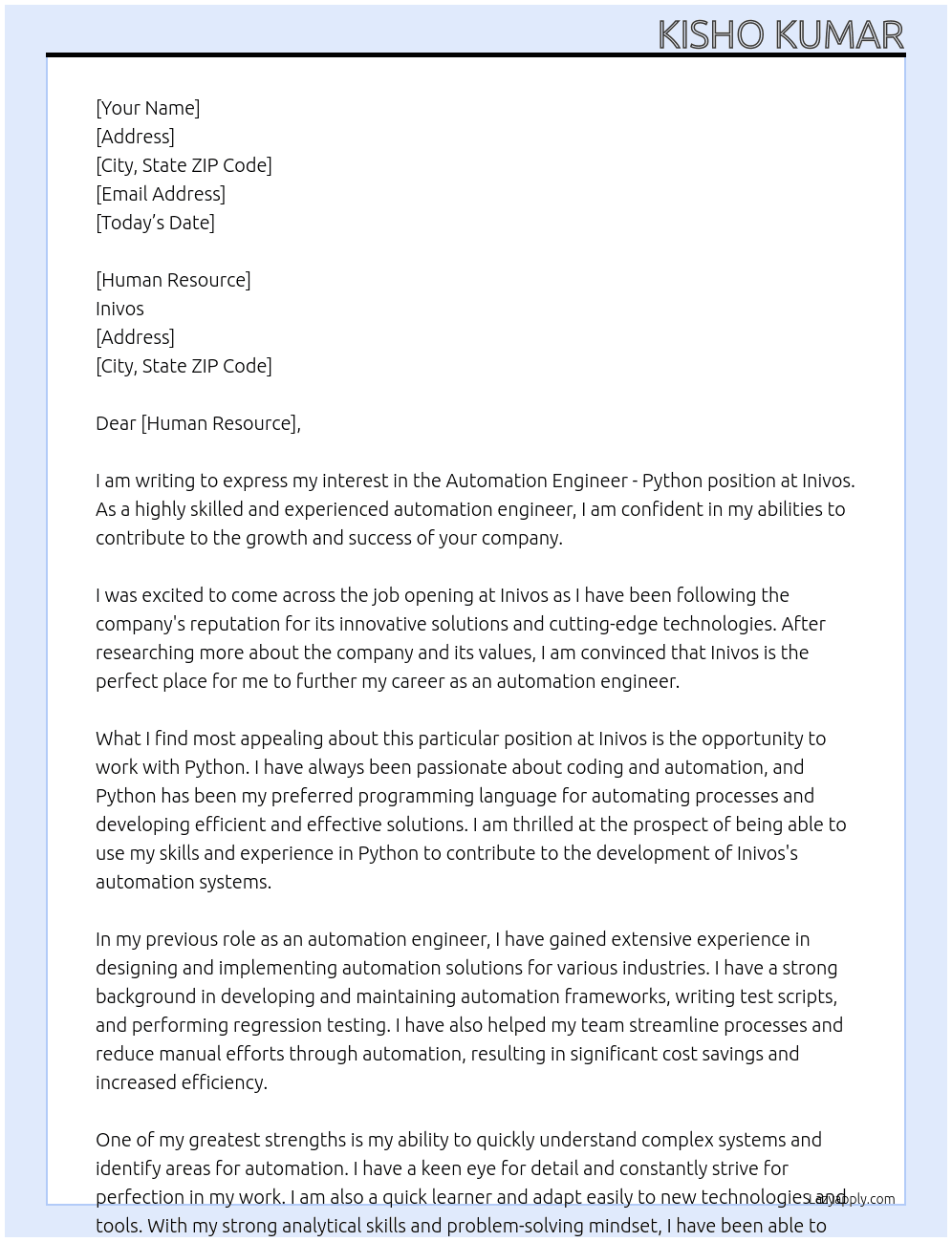 Automation Engineer - Python At Inivos Cover Letter
