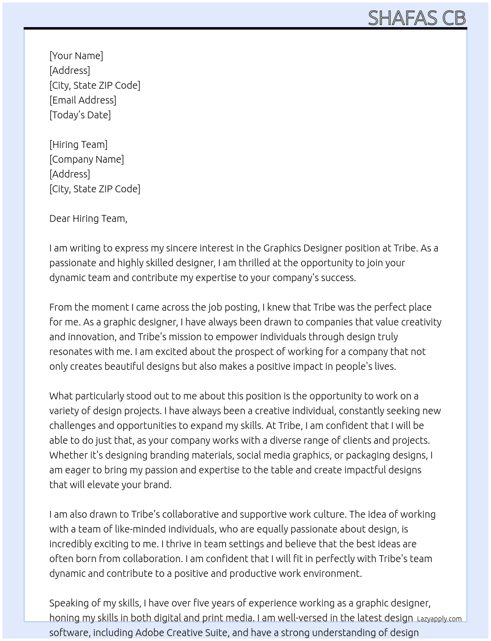 Graphics Designer At tribe Cover Letter
