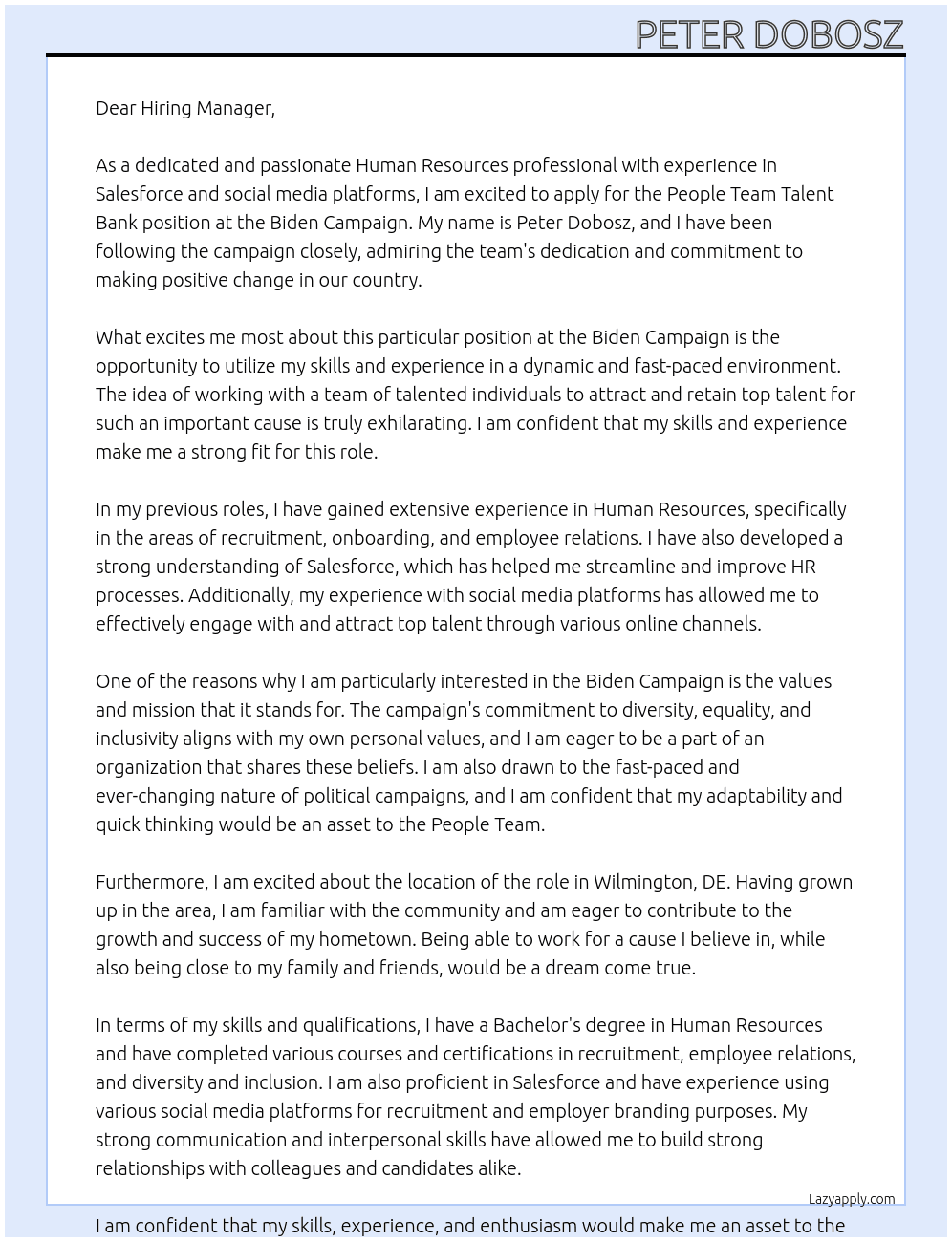 People Team Talent Bank At Biden Campaign Cover Letter